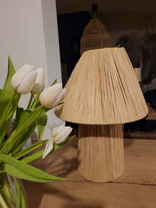 Lampe de chevet en raphia abat jour en trapèze armature fer forgé