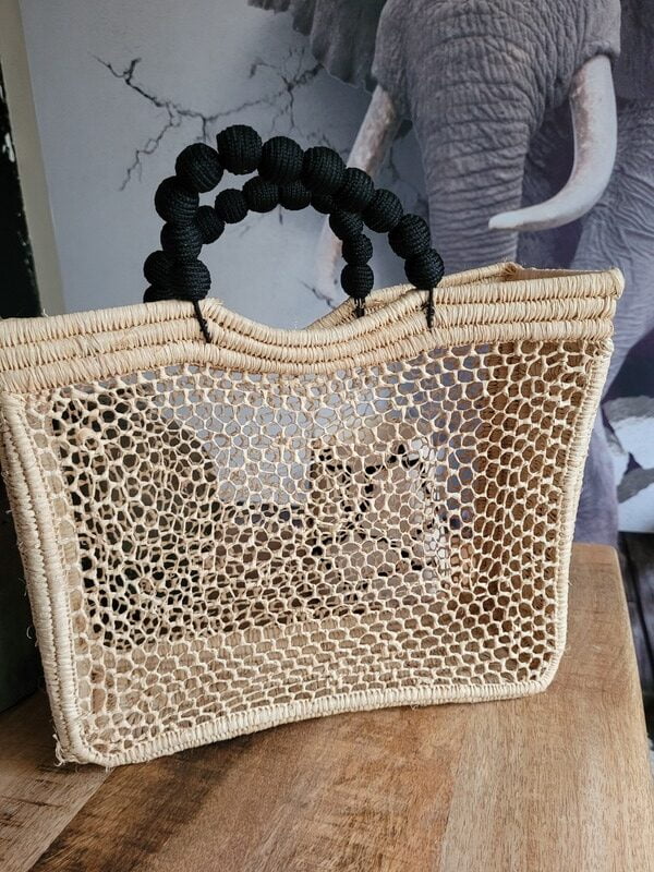 Sac raphia ajouré anses boules